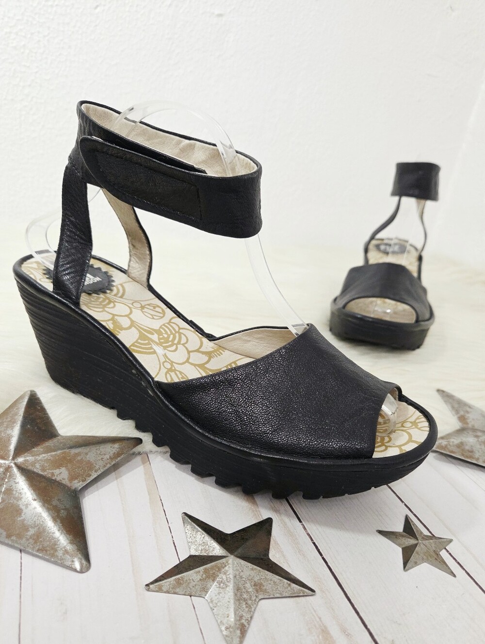 Fly London Yula wedge sandals black leather ankle strap platform Women's size 40